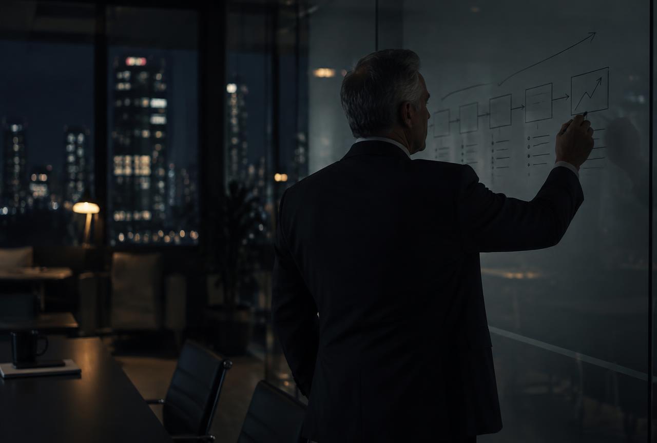 A revenue executive mapping deal stages on a glass wall in a dark office at night