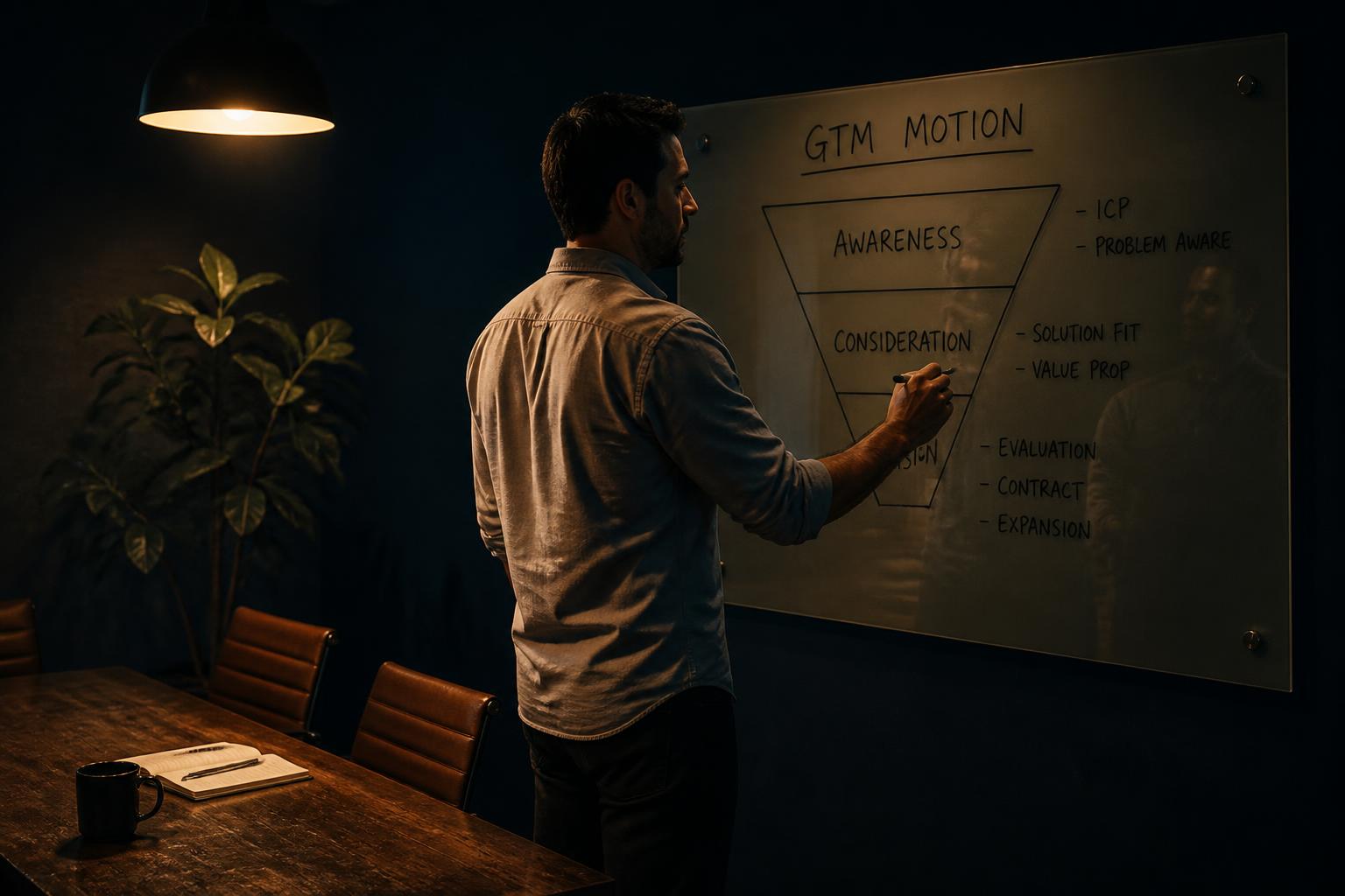 A strategist mid-thought at a whiteboard in a dim startup office at night