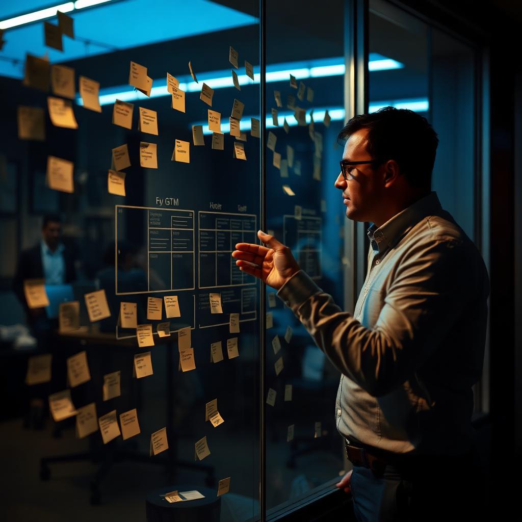 A GTM strategist explaining a framework at a sticky-note covered glass wall in a dim office at dusk