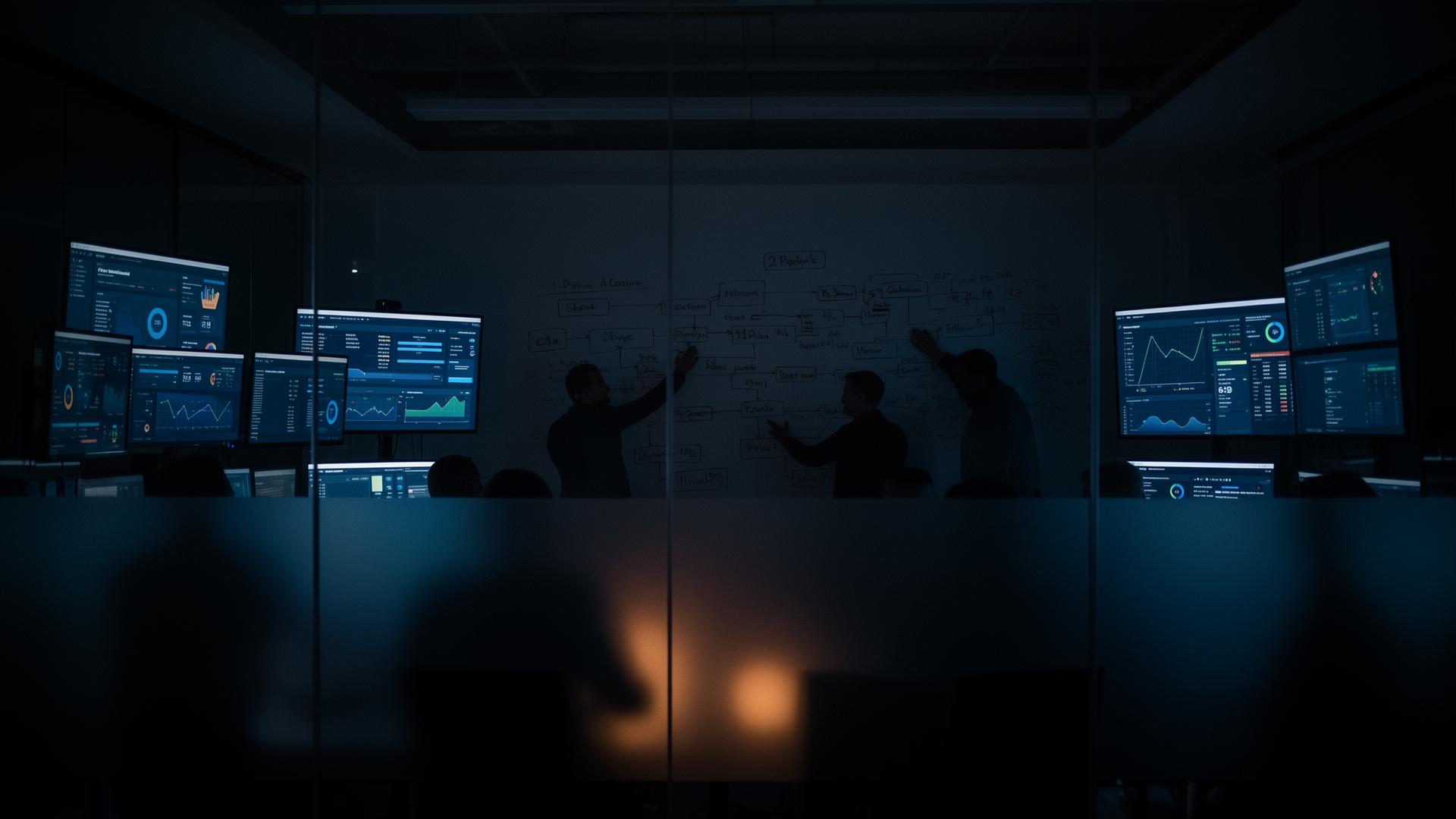 Operations team working late behind frosted conference room glass