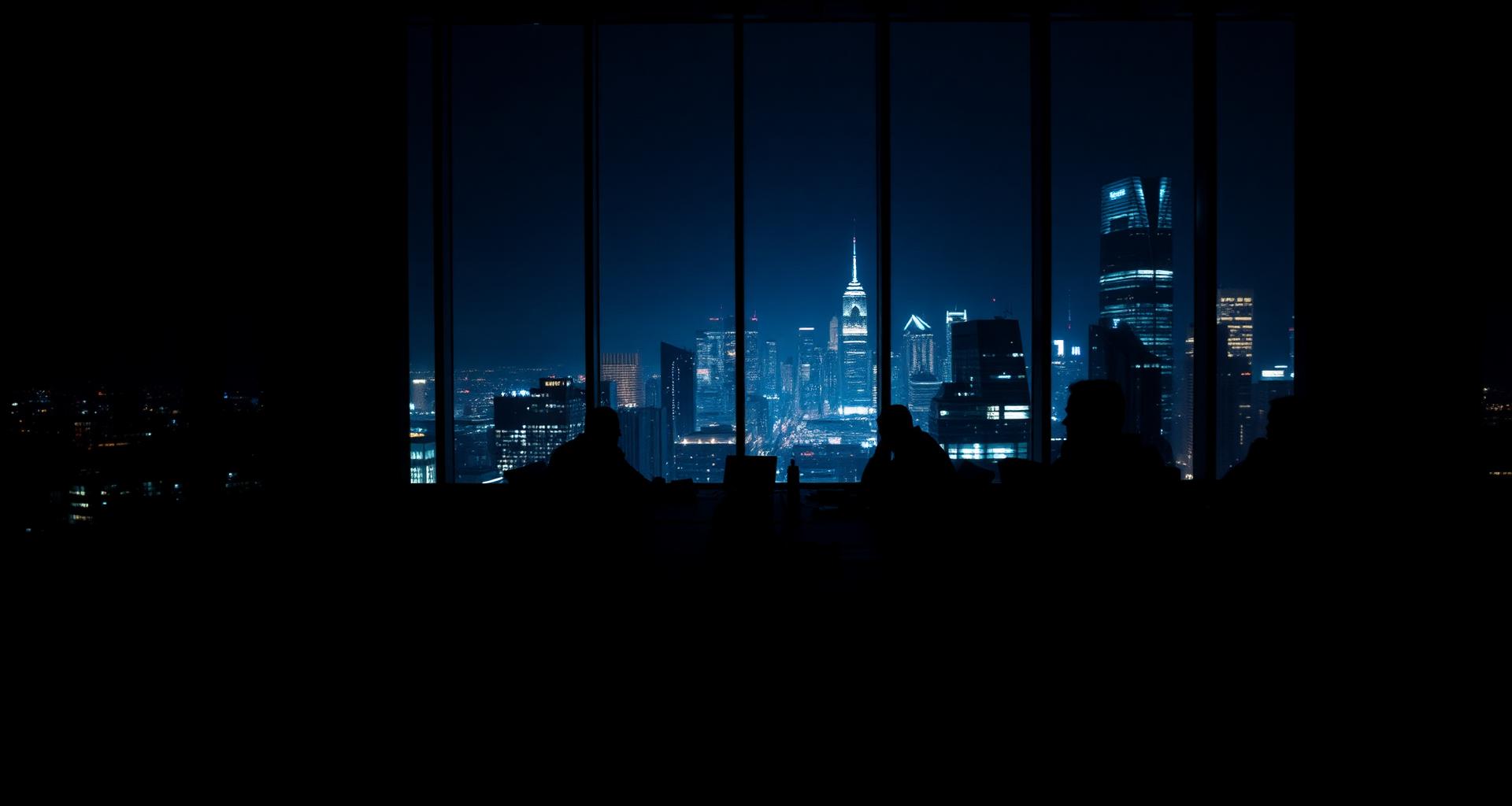 Fintech operators around a boardroom table with city skyline at night