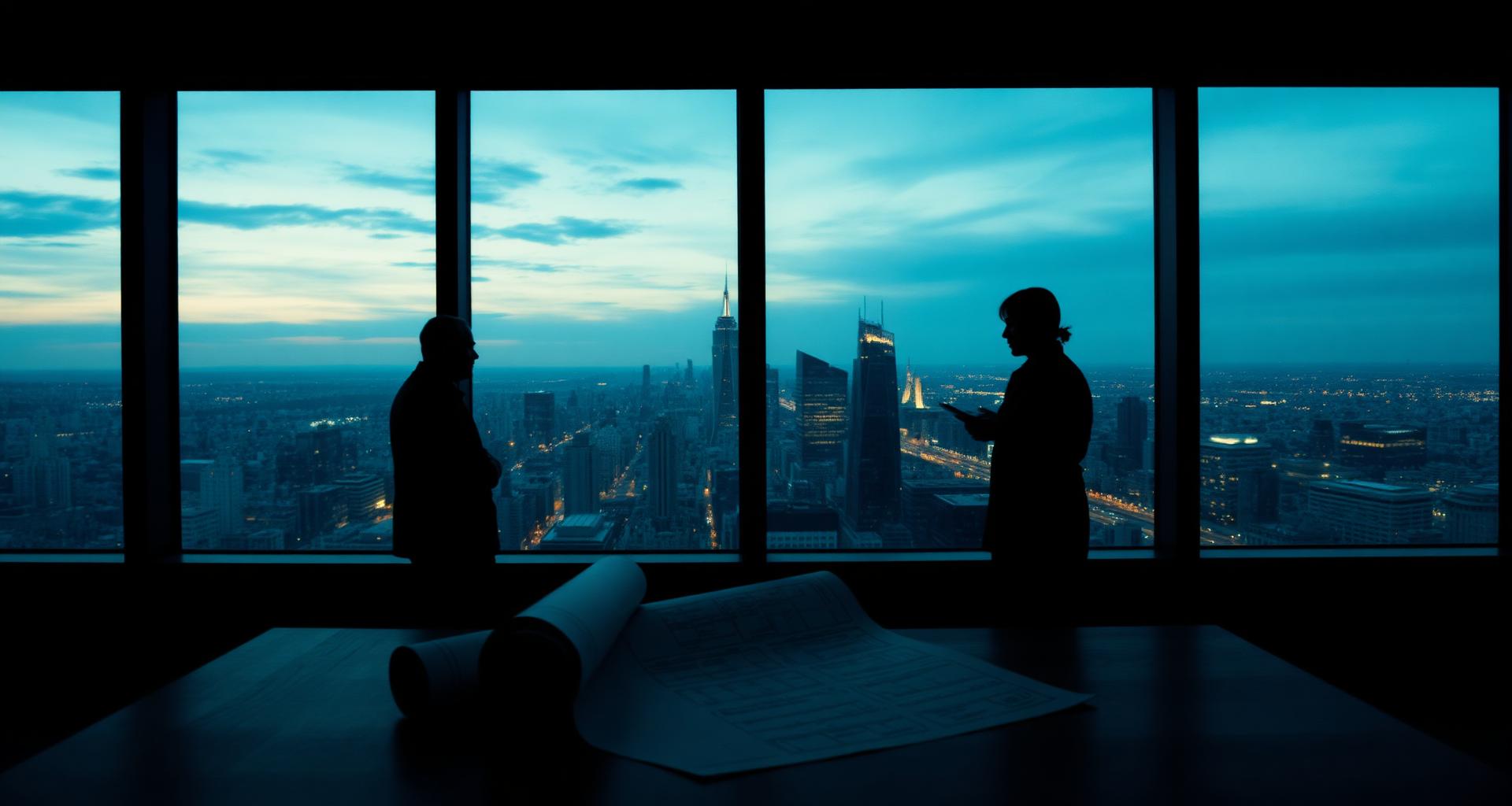 Marketplace operators reviewing blueprints with city skyline at dusk