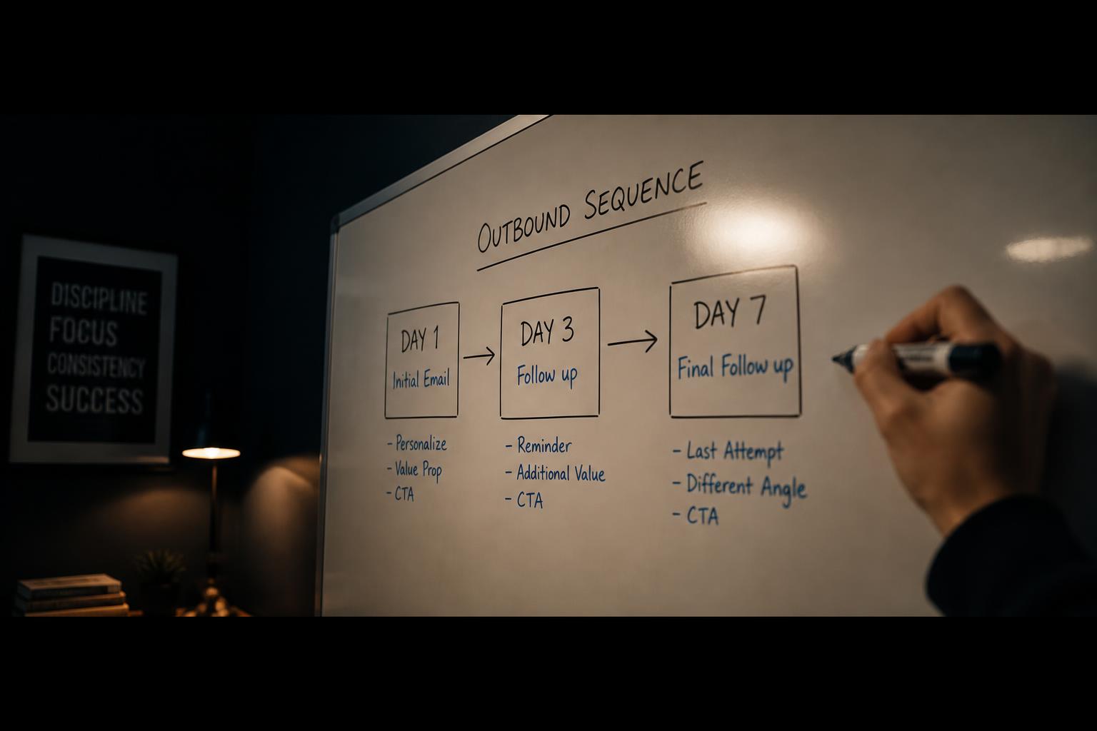 Operator sketching a four-layer outbound system on a whiteboard