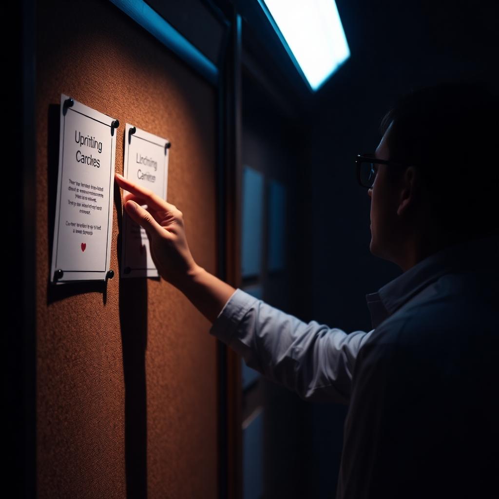 An operator pinning printed message frames to a corkboard wall in a dim studio