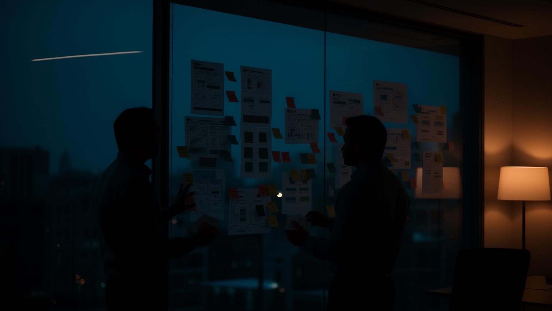 Two operators discussing strategy at an office window at dusk