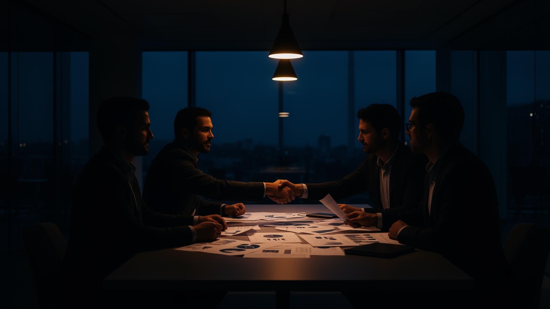 Silhouetted partners shaking hands across a boardroom table with city skyline behind