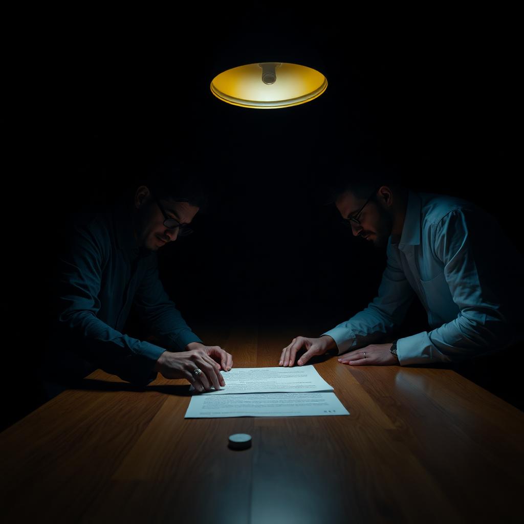 Two operators reviewing a signed agreement under a single pendant lamp in a dim conference room