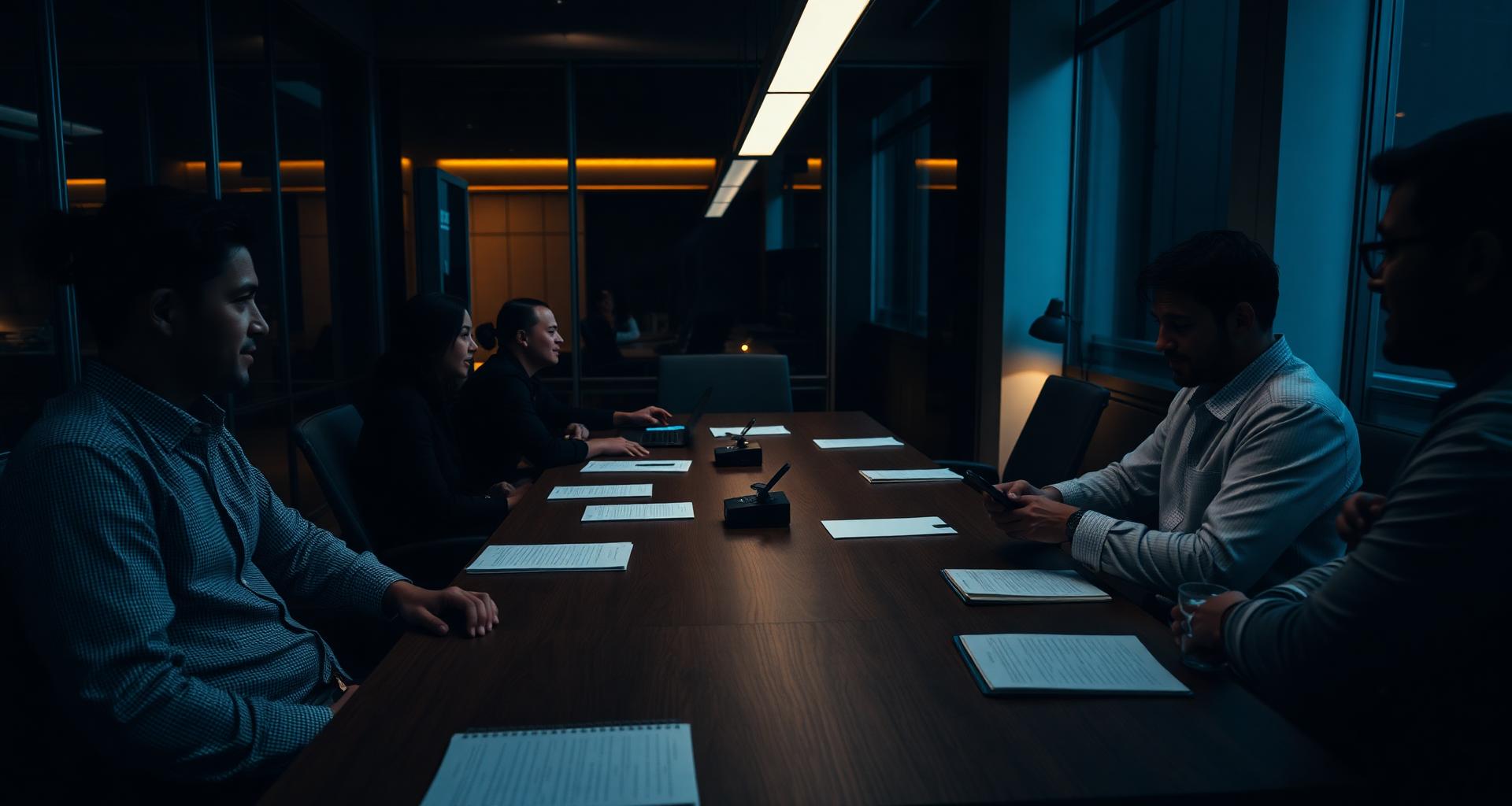 Operators reviewing pipeline metrics around a conference table at dusk