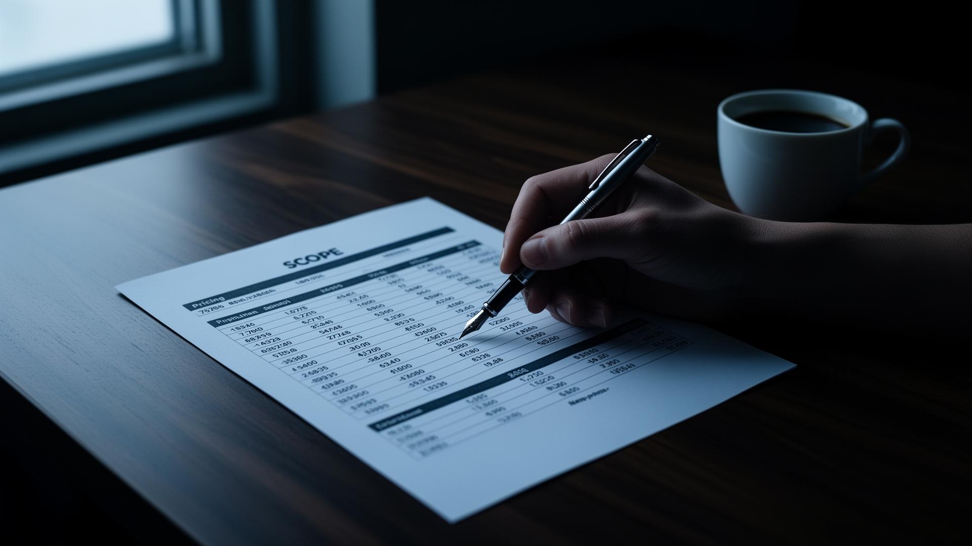 Operator annotating a printed pricing scope document