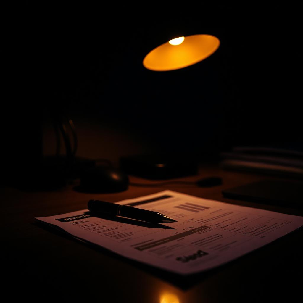 A printed diagnostic report and pen on a dim wood desk under a single warm task lamp