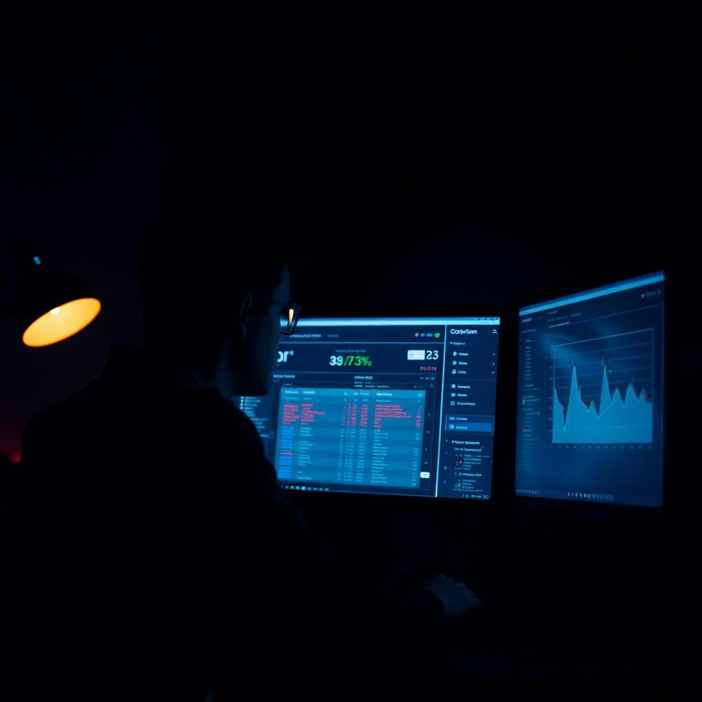 A RevOps operator reviewing a CRM pipeline dashboard at a dimly lit desk at night