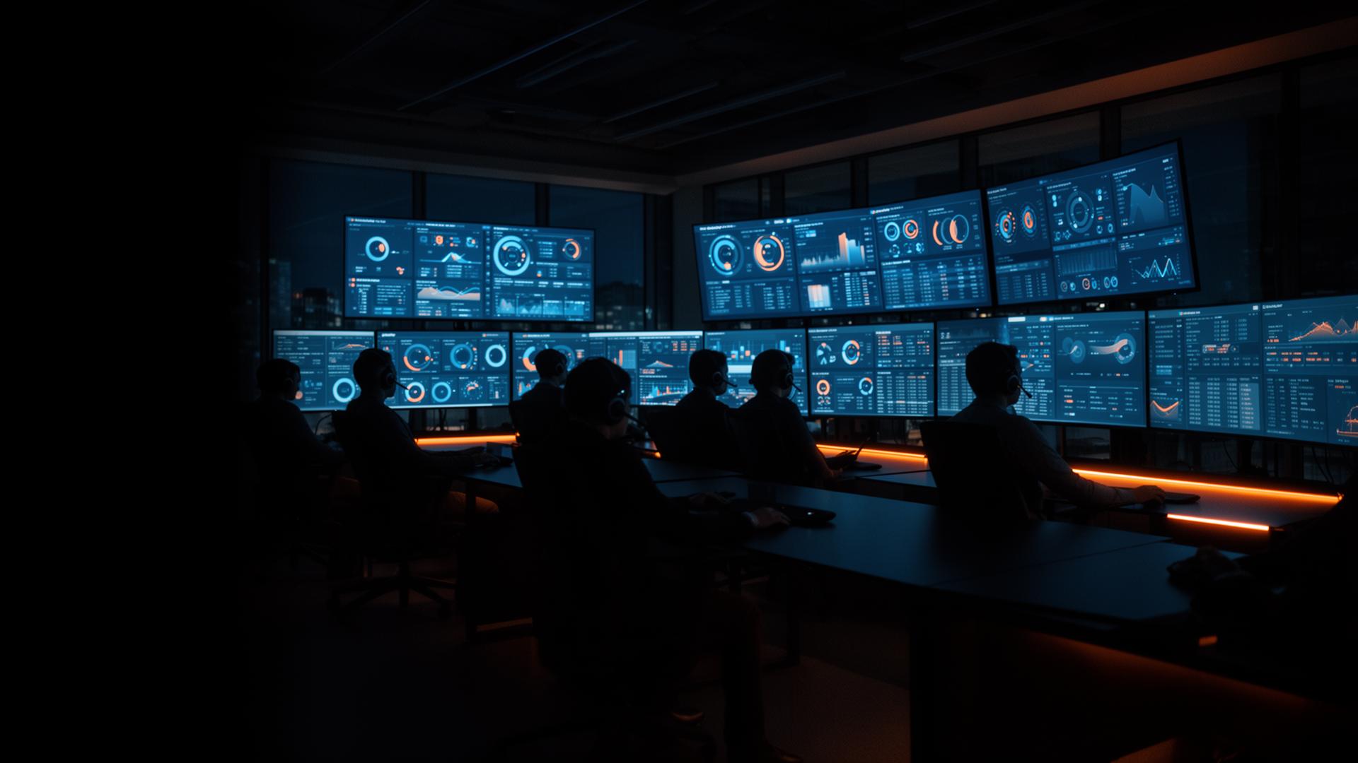 Silhouetted sales operators gathered on a dark open office floor at night