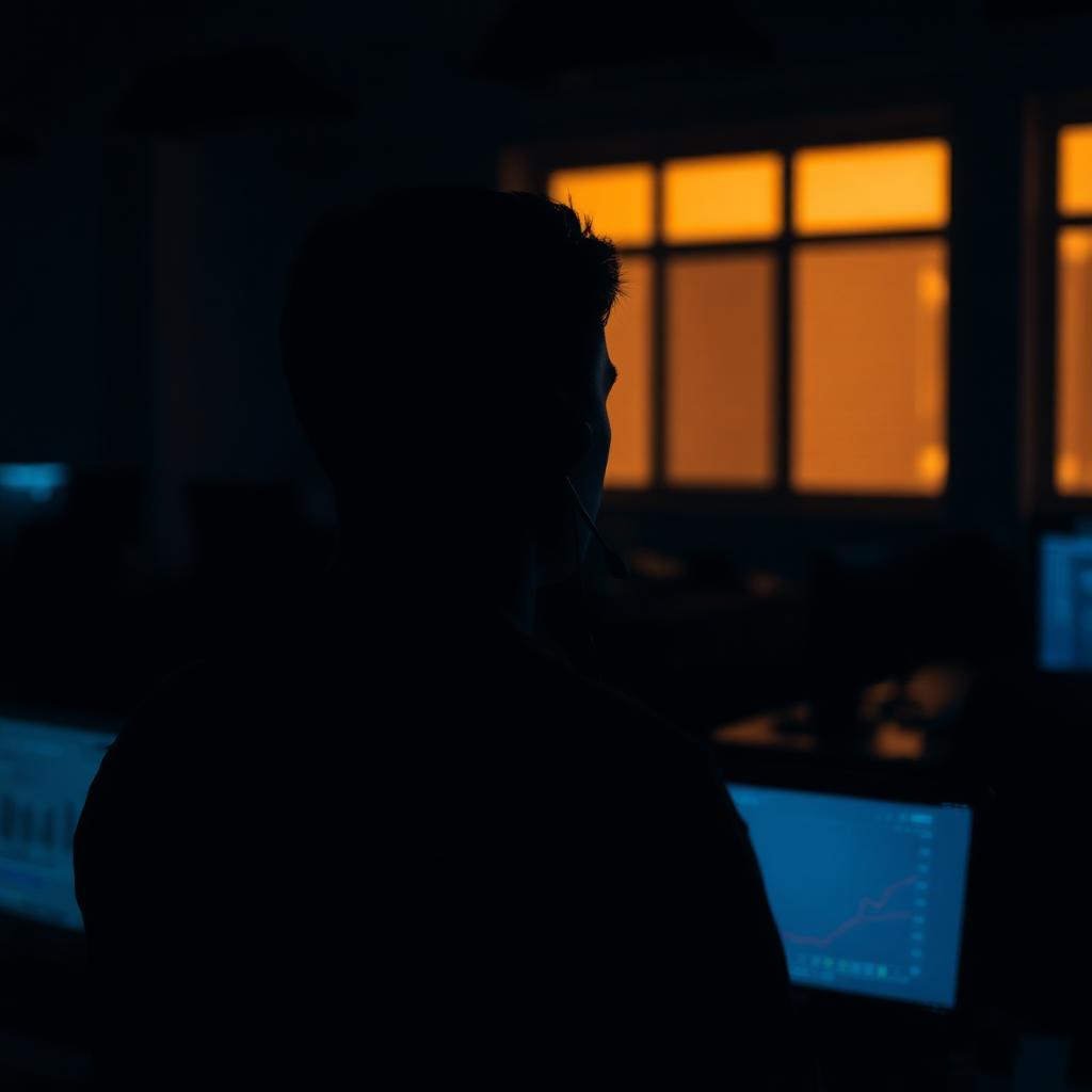 Silhouetted operator wearing a headset on a dim open office floor at dusk