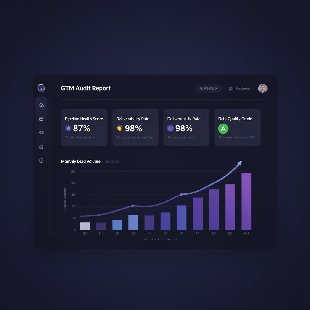 GTM Audit Dashboard showing pipeline health score, deliverability rate, and lead volume metrics